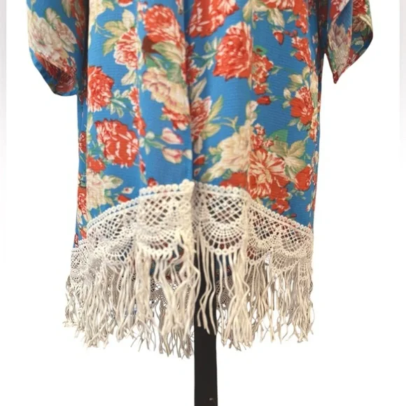 Umgee Cobalt Blue Red Floral Fringed Open Front Boho Kimono Coverup Medium Large - Picture 5 of 9